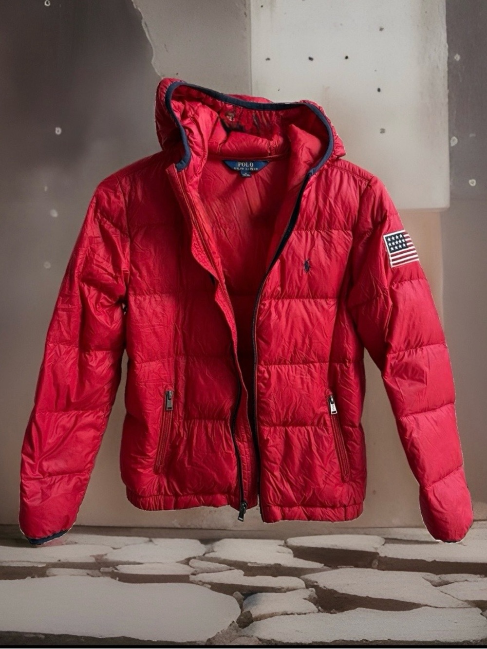 Polo Ralph Lauren Kids Puffer Jacket M 10-12 Red Hooded Big Logo Flag Coat